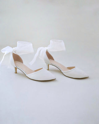 Satin Pointy Toe Kitten Low Heel with Wrapped Ankle TieWomen Shoes