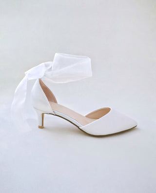 Satin Pointy Toe Kitten Low Heel with Wrapped Ankle TieWomen Shoes