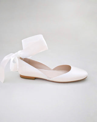Satin Round Toe Bridal Flat with Wrapped Ribbon Tie