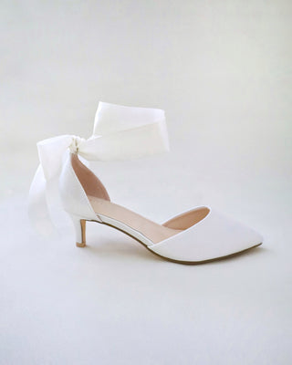 Satin Pointy Toe Low Heels with Wrapped Ankle Tie