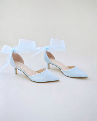 Satin Pointy Toe Kitten Low Heel with Wrapped Ankle TieWomen Shoes
