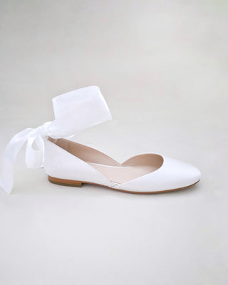 Satin Round Toe Bridal Flat with Wrapped Ribbon Tie