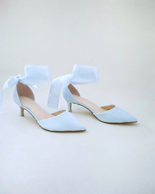 Satin Pointy Toe Low Heels with Wrapped Ankle Tie