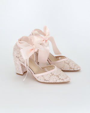Dusty Pink Lace Block Heel Ankle Tie Evening Shoes