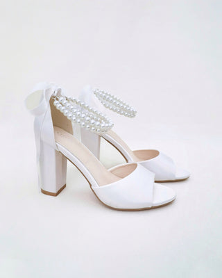 Satin Block Heel Wedding Sandals with Double Pearl Strap