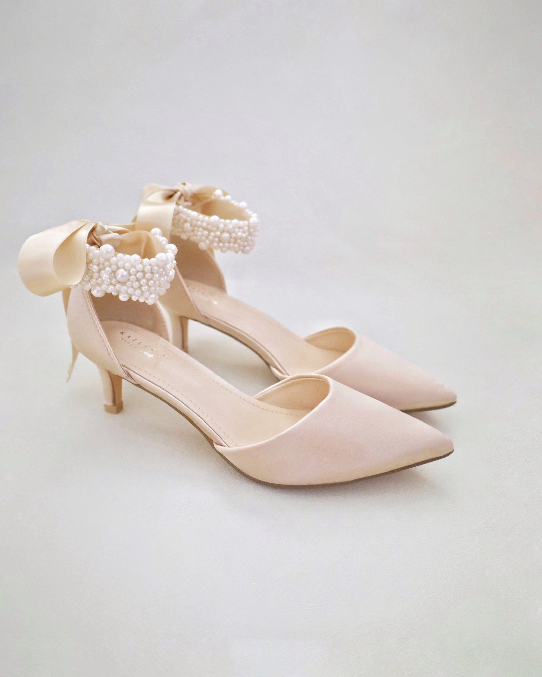 Wedding Shoes Pearl Kitten Heels Champagne Satin Pointy Toe Low