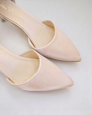 Satin Pointy Toe Low Heels with Perla Ankle Strap