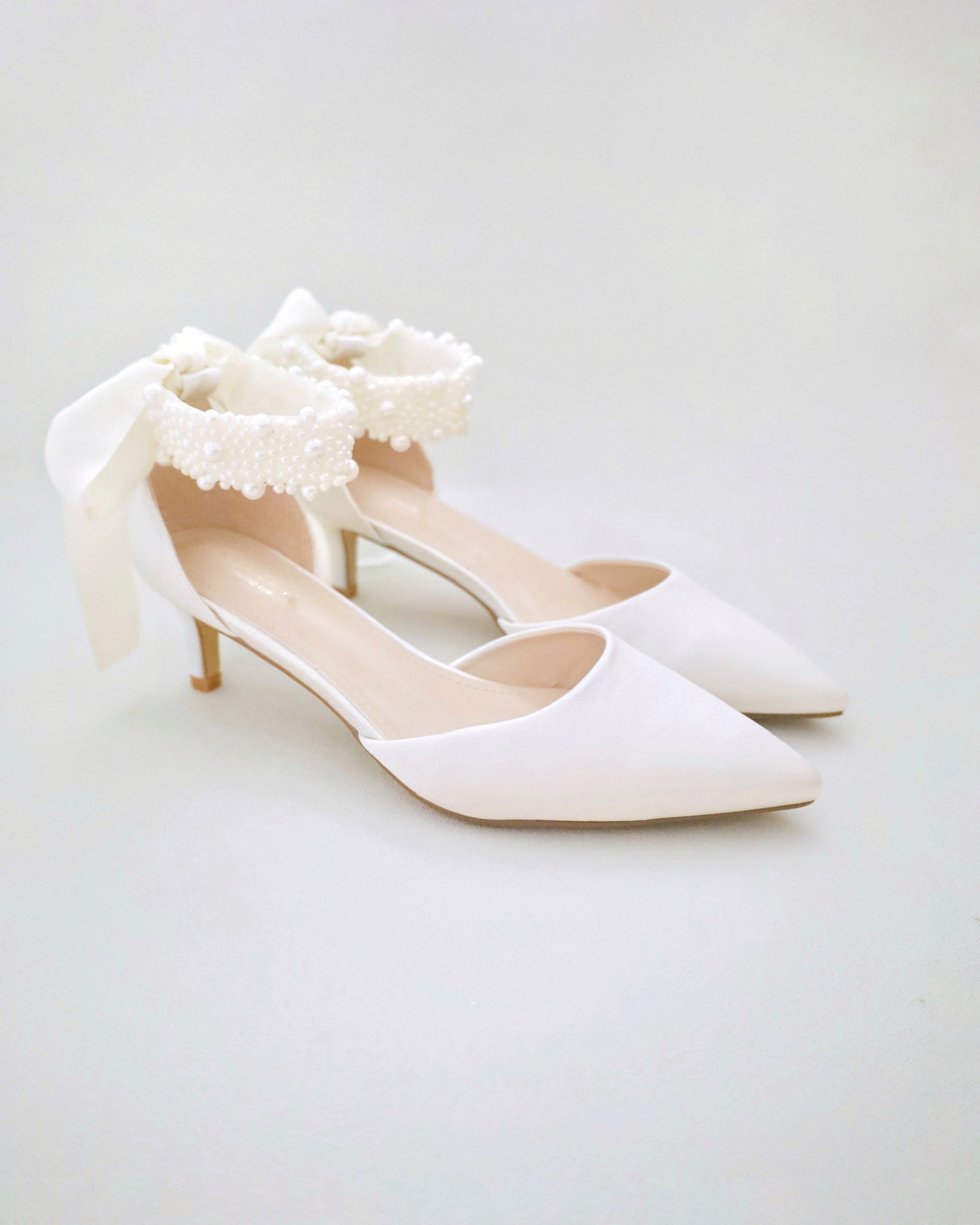 Ivory Satin Pointy Toe Low Heels with Perla Ankle Strap, Bridal Shoes