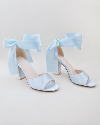 light blue satin block heels wedding sandals with wrapped satin ribbon tie
