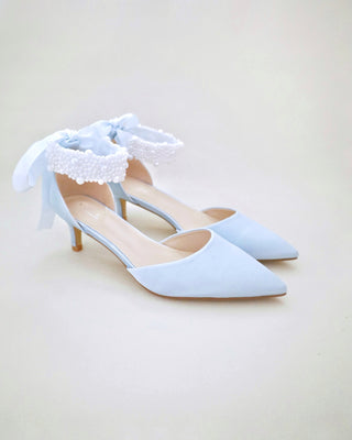Satin Pointy Toe Low Heels with Perla Ankle Strap