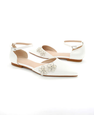 Satin Pointy Toe Wedding Flats with Rhinestones Chassia Flower