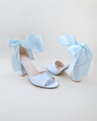 light blue satin block heels wedding sandals with wrapped satin ribbon tie