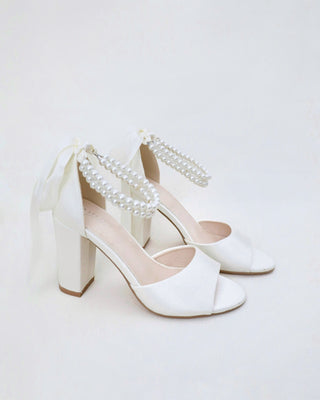 Satin Block Heel Wedding Sandals with Double Pearl Strap