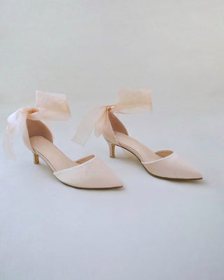 Satin Pointy Toe Kitten Low Heel with Wrapped Ankle TieWomen Shoes