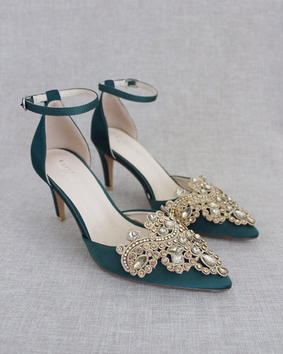 Hunter Green Evening heels with rhinestones embellished