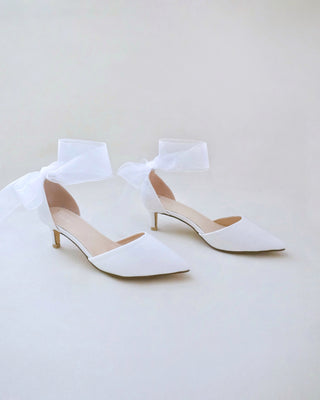 Satin Pointy Toe Kitten Low Heel with Wrapped Ankle TieWomen Shoes