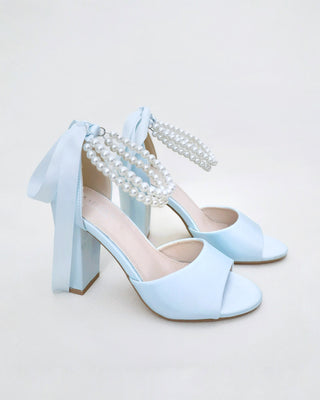 Satin Block Heel Wedding Sandals with Double Pearl Strap