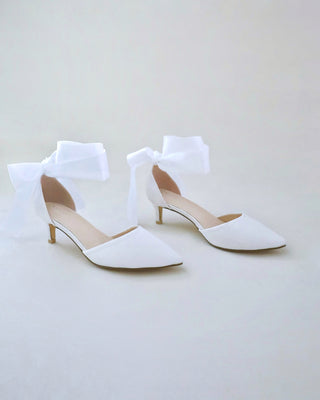 Satin Pointy Toe Low Heels with Wrapped Ankle Tie