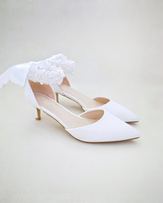 Satin Pointy Toe Low Heels with Perla Ankle Strap