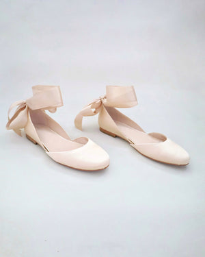 Satin Round Toe Evening Flat with Wrapped Ribbon Tie