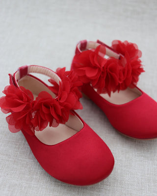 red satin girls flats with chiffon flowers