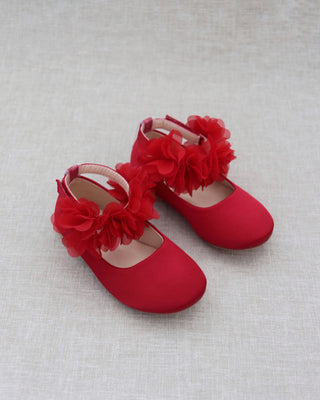 red satin girls flats with chiffon flowers