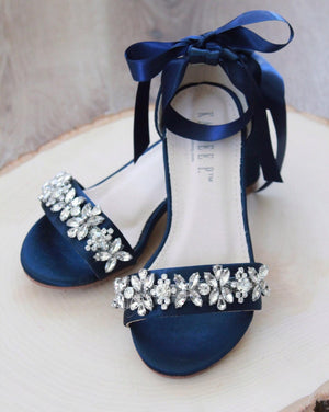 Satin Girls Block Heel Sandals with Floral Rhinestones