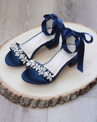 Satin Block Heel Sandals with Floral Rhinestones