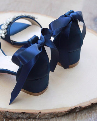 Satin Block Heel Sandals with Floral Rhinestones