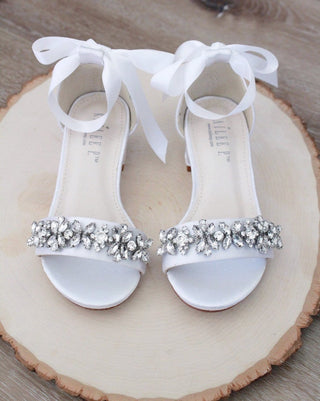 Satin Block Heel Sandals with Floral Rhinestones