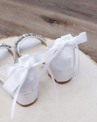 Satin Block Heel Sandals with Floral Rhinestones