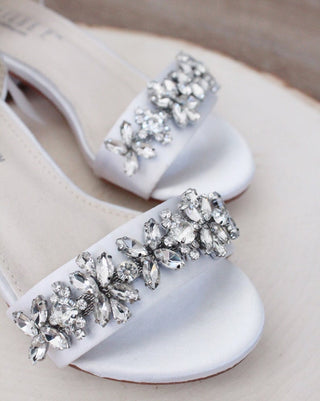 Satin Block Heel Sandals with Floral Rhinestones