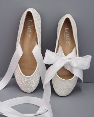 White Glitter Flats with Satin Ties