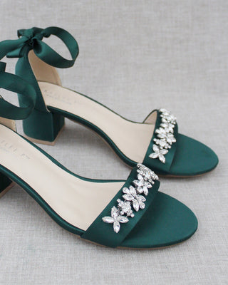 Satin Block Heel Sandals with Floral Rhinestones