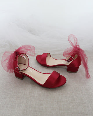 Satin Block Heel Sandals with Tulle Back Bow