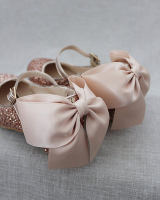 Rose Gold Glitter Kids Mary Jane Heels with Back Bow