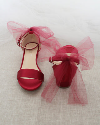 Satin Block Heel Sandals with Tulle Back Bow