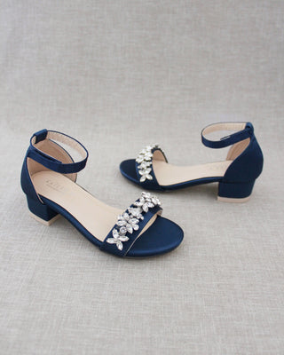 Satin Block Heel Sandals with Floral RhinestonesWomen Shoes