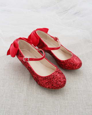 Rock Glitter Mary Jane Heels with Satin Bow for Girls