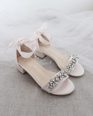Satin Girls Block Heel Sandals with Floral Rhinestones