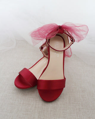 Satin Block Heel Sandals with Tulle Back Bow