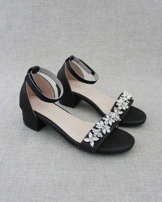 Satin Block Heel Sandals with Floral RhinestonesWomen Shoes