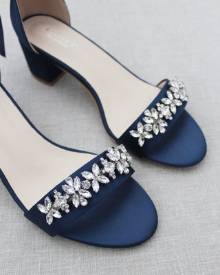 Satin Block Heel Sandals with Floral RhinestonesWomen Shoes