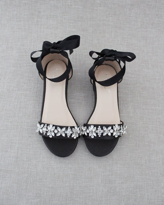 Satin Block Heel Sandals with Floral RhinestonesWomen Shoes