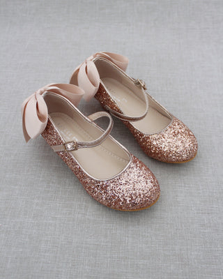 Rose Gold Glitter Kids Mary Jane Heels with Back Bow