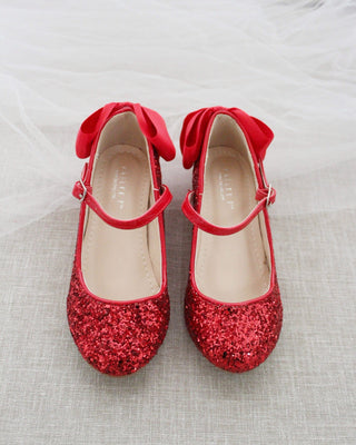 Rock Glitter Mary Jane Heels with Satin Bow for Girls