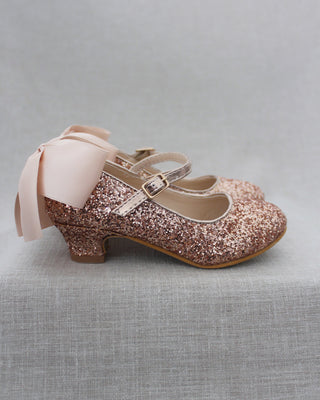 Rose Gold Glitter Kids Mary Jane Heels with Back Bow