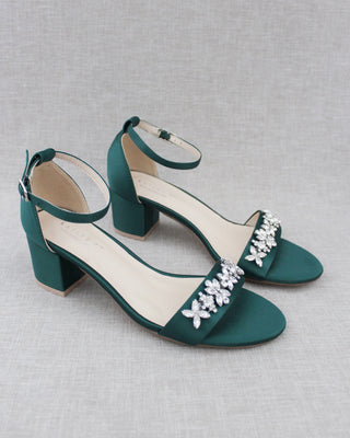 Satin Block Heel Sandals with Floral Rhinestones