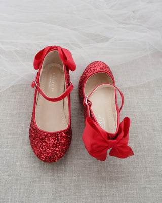 Rock Glitter Mary Jane Heels with Satin Bow for Girls
