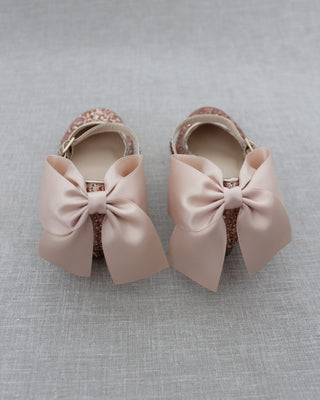 Rose Gold Glitter Kids Mary Jane Heels with Back Bow